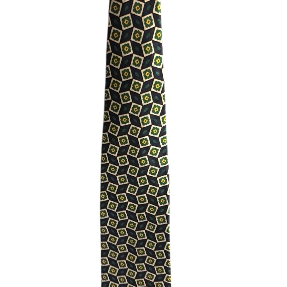 Façonnable Silk Tie Navy Green Geometric Pattern Made in France EUC